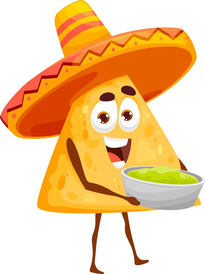 Nachos cartoon character with bowl salsa verde