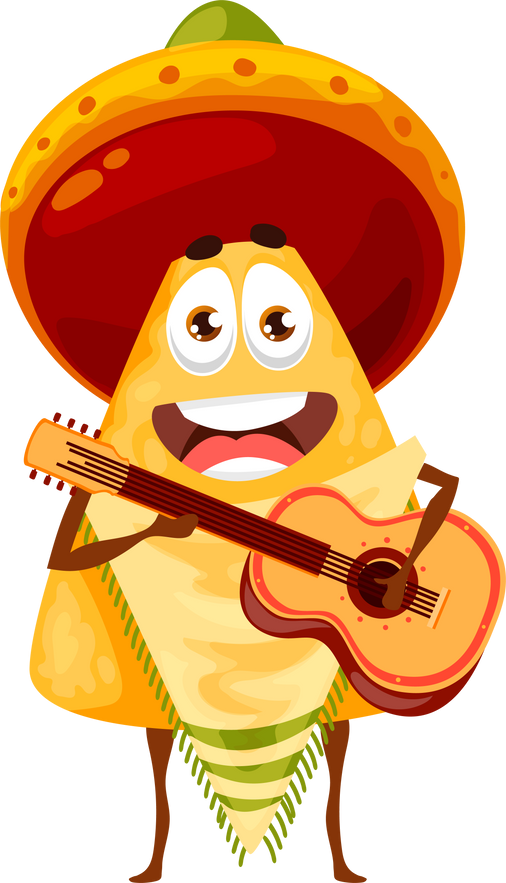 Happy nachos character play guitar in sombrero hat